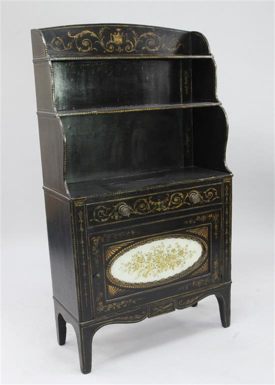 A Regency black japanned and parcel gilt waterfall bookcase, W.2ft 6in.